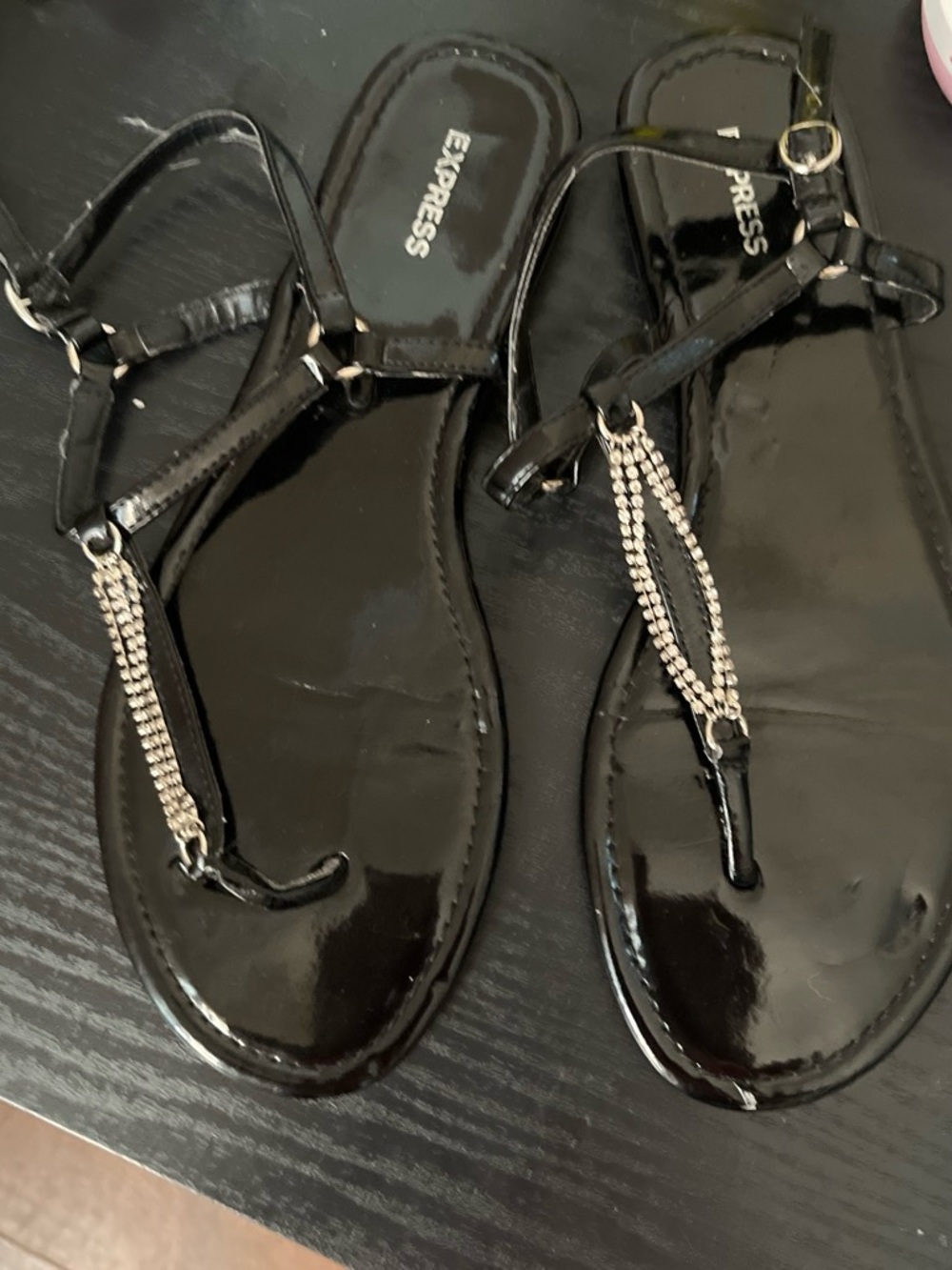 Express Black Patent T-Strap Sandals with Chain Accent